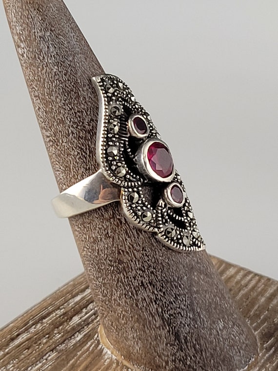 Art Deco Ruby & Marcasite Sterling Statement Ring - image 6