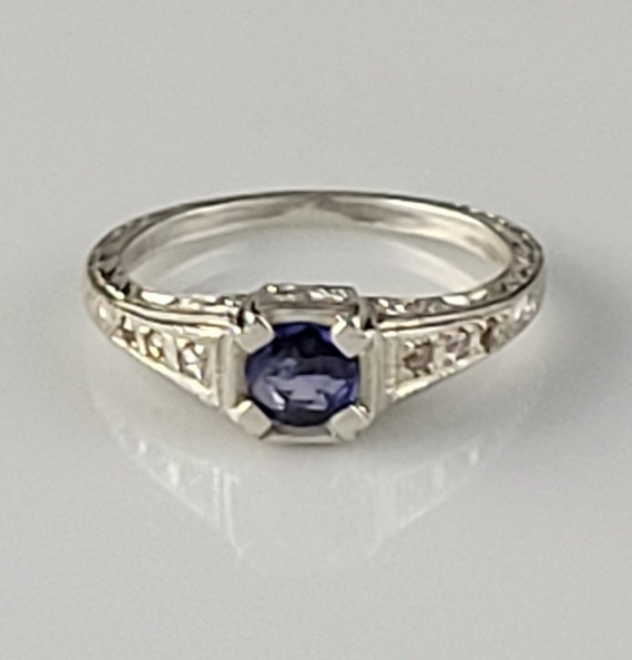 Art Deco Etched Ceylon Sapphire & Rose Cut Diamond