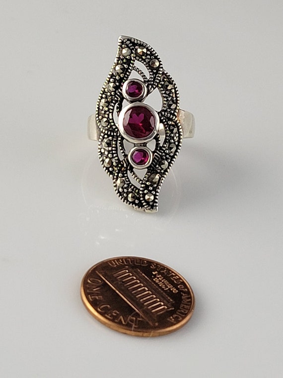 Art Deco Ruby & Marcasite Sterling Statement Ring - image 9
