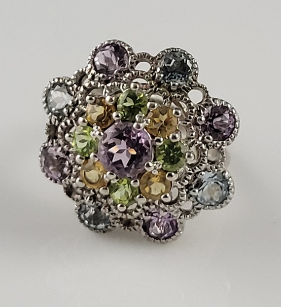 Vintage Multi-Gemstone Sterling Flower Ring