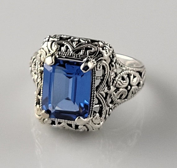 Art Deco London BlueTopaz Sterling Filigree Ring - image 1