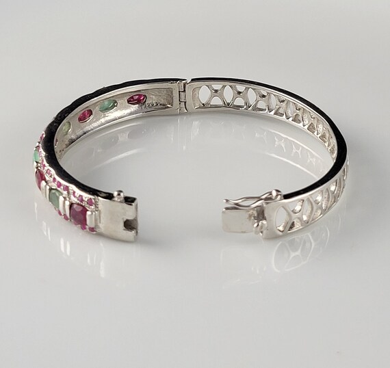 Emerald & Ruby Encrusted Sterling Hinged Bracelet - image 6