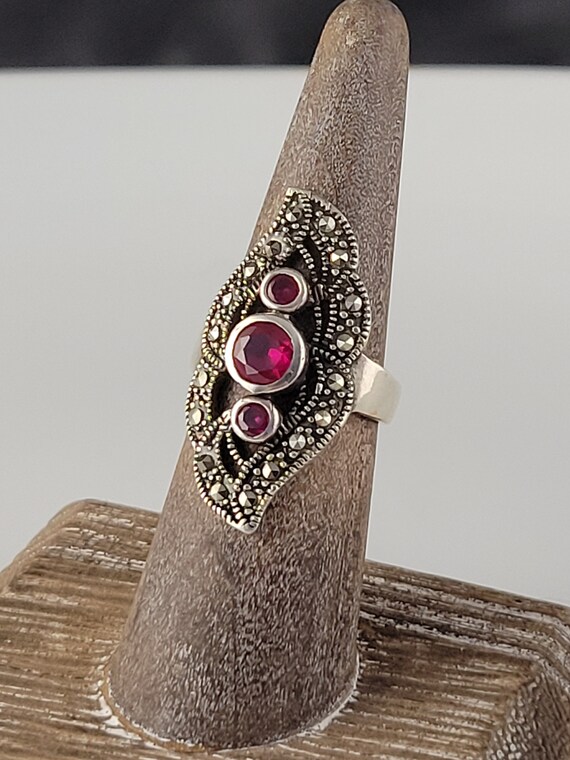 Art Deco Ruby & Marcasite Sterling Statement Ring - image 3