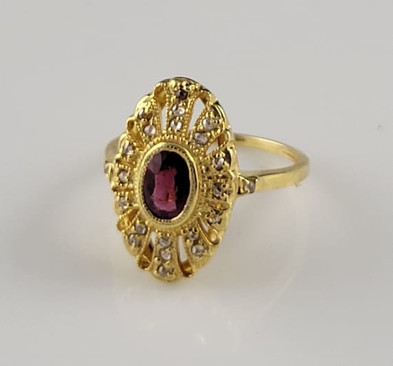 Art Deco Garnet & Diamond Rose Vermeil Shield Ring - image 4