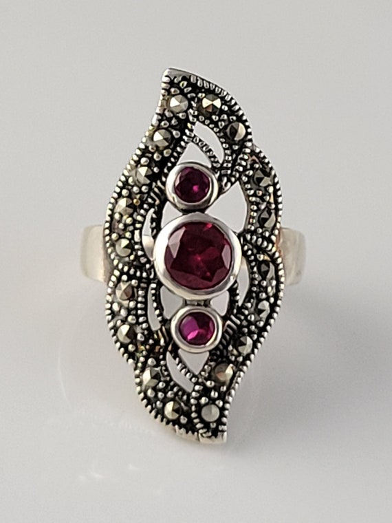 Art Deco Ruby & Marcasite Sterling Statement Ring - image 1