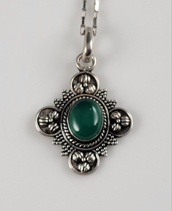 Antique Chrysoprase Sterling Silver Necklace-1920s - image 1