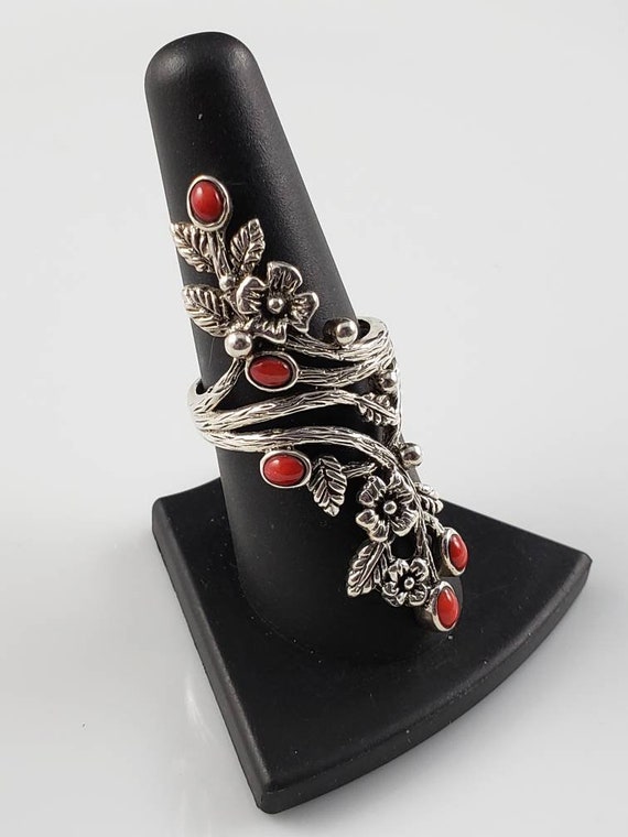 Exquisite Coral Sterling Silver Flower Ring