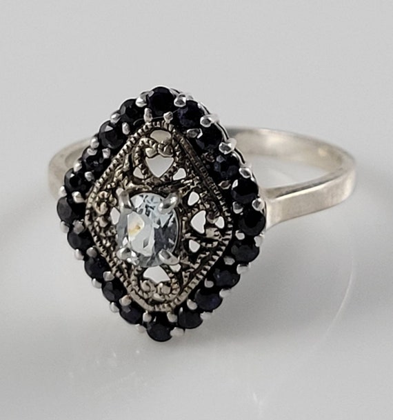 Art Deco Natural Aquamarine & Sapphire Shield Ring