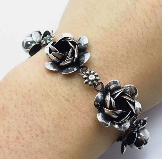 Lovely Vintage Silver Craft Rosebud Link Bracelet… - image 8