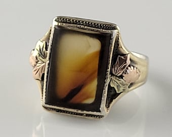 Art Deco Era Natural Agate Sterling Gold-Filled Ring