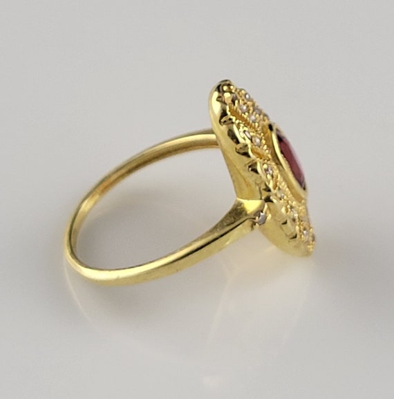 Art Deco Garnet & Diamond Rose Vermeil Shield Ring - image 3