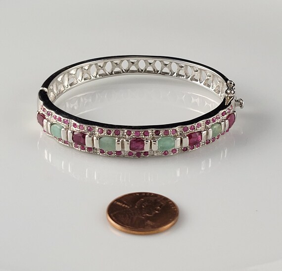 Emerald & Ruby Encrusted Sterling Hinged Bracelet - image 7