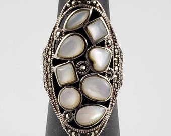 Handmade Mother Of Pearl & Marcasite Sterling Silver Ring