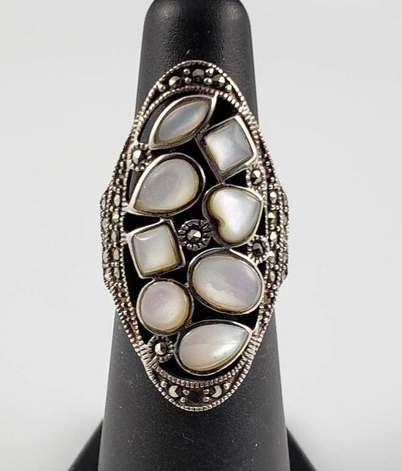 Handmade Mother Of Pearl & Marcasite Sterling Sil… - image 1