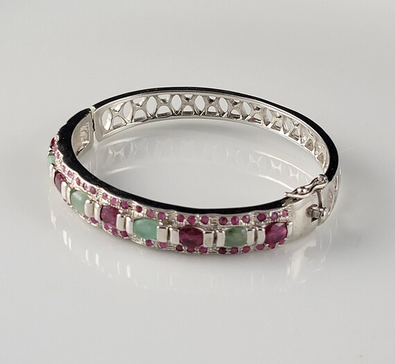 Emerald & Ruby Encrusted Sterling Hinged Bracelet - image 2
