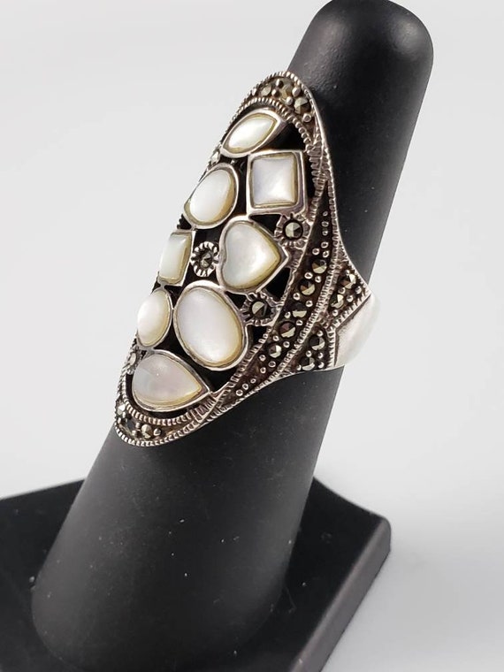 Handmade Mother Of Pearl & Marcasite Sterling Sil… - image 3