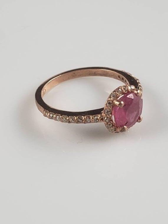 Estate Art Deco Ruby & Diamond Rose Gold Halo Ring - image 7
