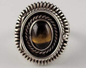 Taxco Tiger's Eye Sterling Poison Ring with Eagle Stamp-Circa 1930s-1940s