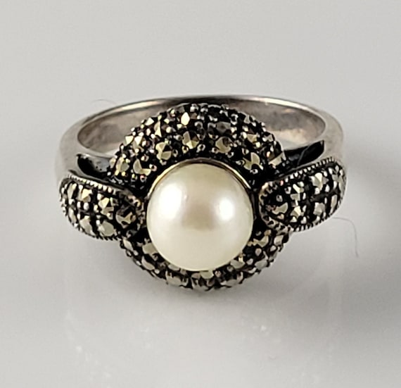 Bague Art Déco Vintage En Argent Massif Avec Perle Et Marcassites - Taille 50