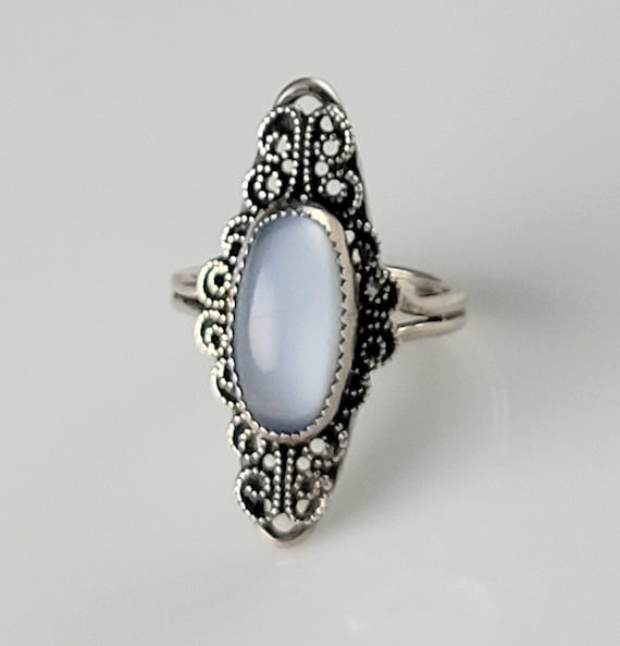 Beau Silver Blue Chalcedony Sterling Navette Ring