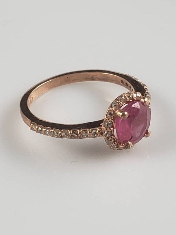Estate Art Deco Ruby & Diamond Rose Gold Halo Ring - image 5