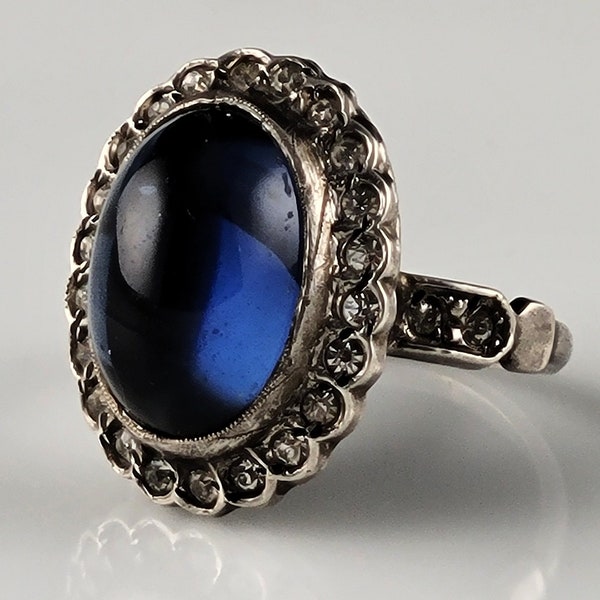 1940s Theda Cobalt Glass Sterling Rhinestone Halo Ring