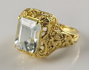 Superb Step Cut Natural Aquamarine Filigree Vermeil Ring