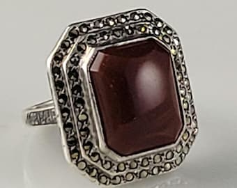 Art Deco Sterling Silver Natural Carnelian & Marcasite Ring-Circa 1920s