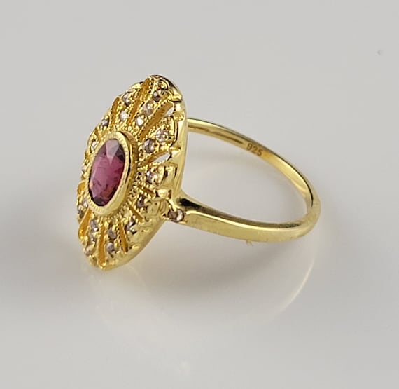 Art Deco Garnet & Diamond Rose Vermeil Shield Ring - image 2