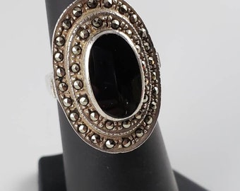 Art Deco Genuine Onyx & Marcasite Sterling Silver Statement Ring