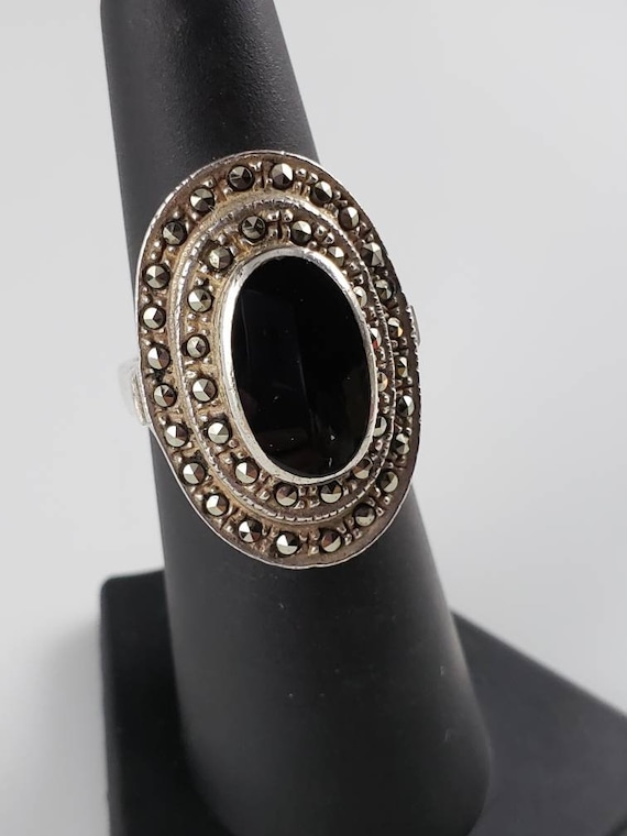 Art Deco Genuine Onyx & Marcasite Sterling Silver 