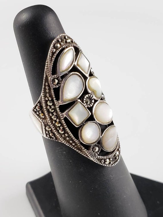 Handmade Mother Of Pearl & Marcasite Sterling Sil… - image 2