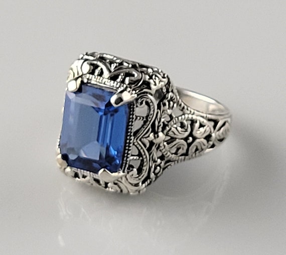 Art Deco London BlueTopaz Sterling Filigree Ring - image 4