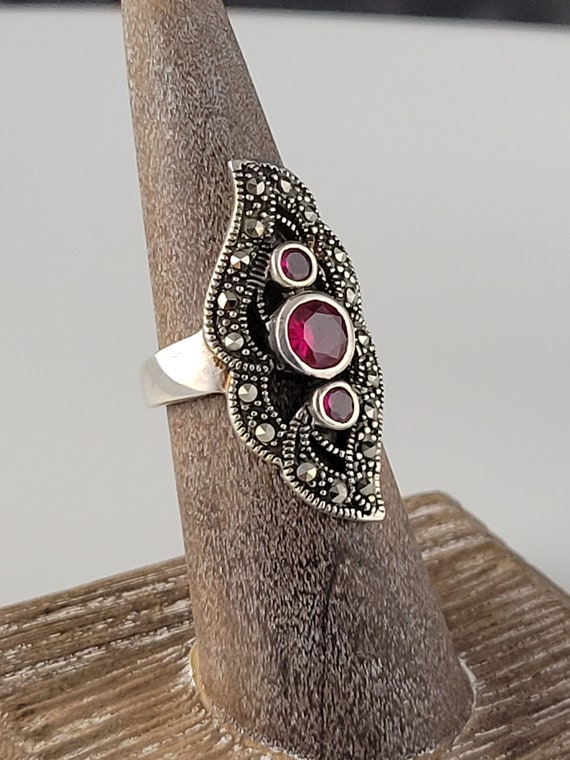 Art Deco Ruby & Marcasite Sterling Statement Ring - image 2