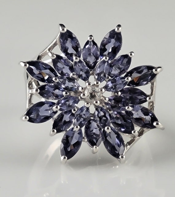 Gorgeous Iolite & White Topaz 10KT Gold Flower Rin