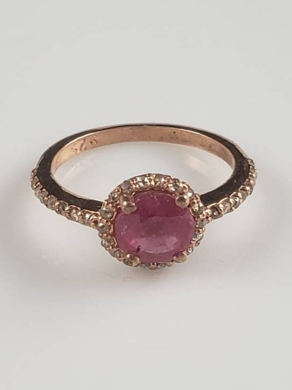 Estate Art Deco Ruby & Diamond Rose Gold Halo Ring - image 1