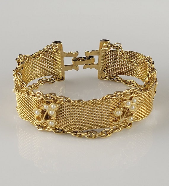 1950s Goldette Faux Pearl Mesh Bracelet