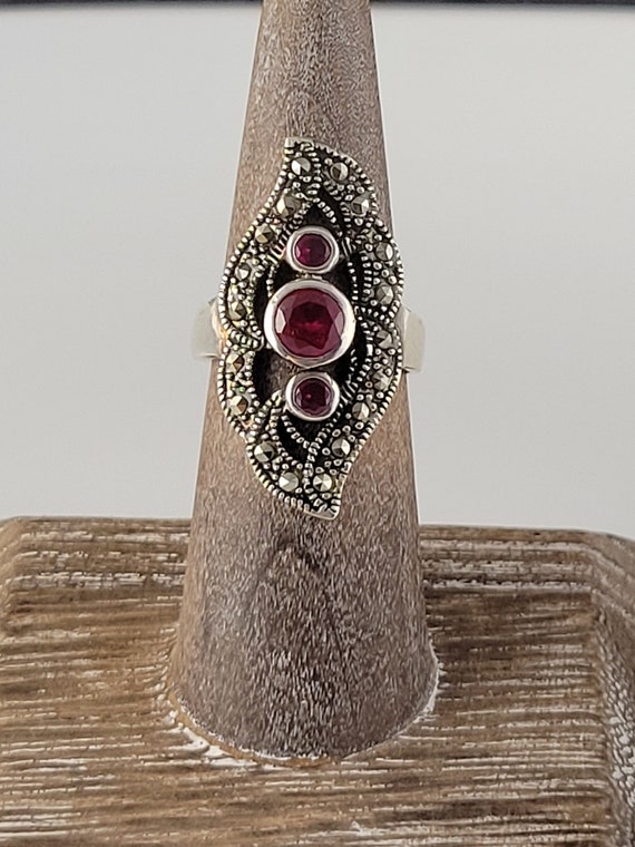 Art Deco Ruby & Marcasite Sterling Statement Ring - image 4