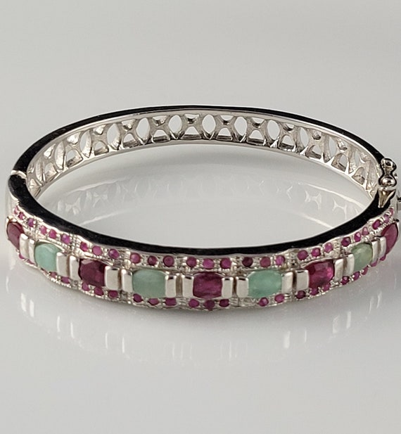 Emerald & Ruby Encrusted Sterling Hinged Bracelet - image 5
