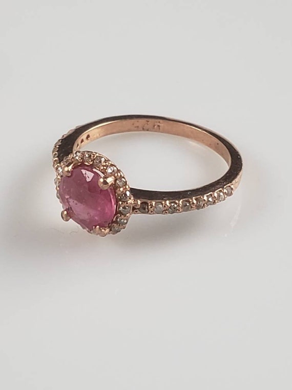 Estate Art Deco Ruby & Diamond Rose Gold Halo Ring - image 8