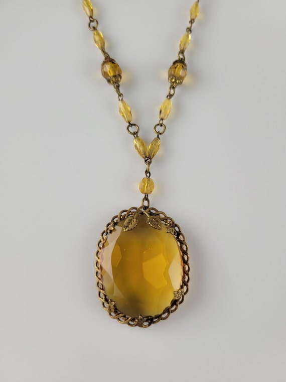 Art Nouveau Czech Amber Glass Bronze Necklace-1930