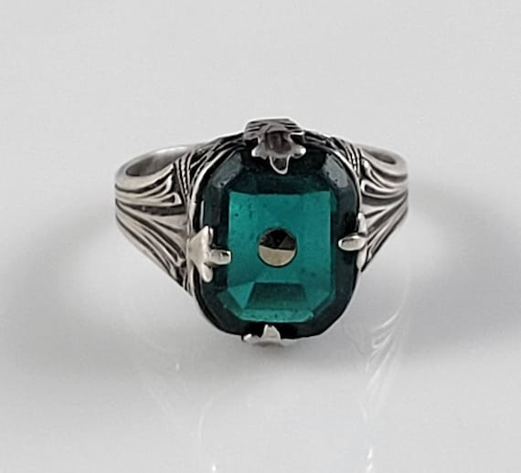 Art Deco Era Green Stone & Marcasite Sterling Sil… - image 1