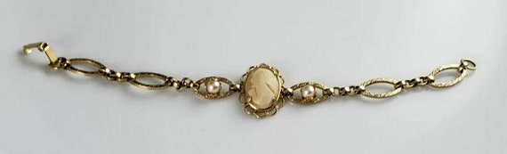 Victorian 12KT Gold Genuine Shell Cameo & Pearl B… - image 4