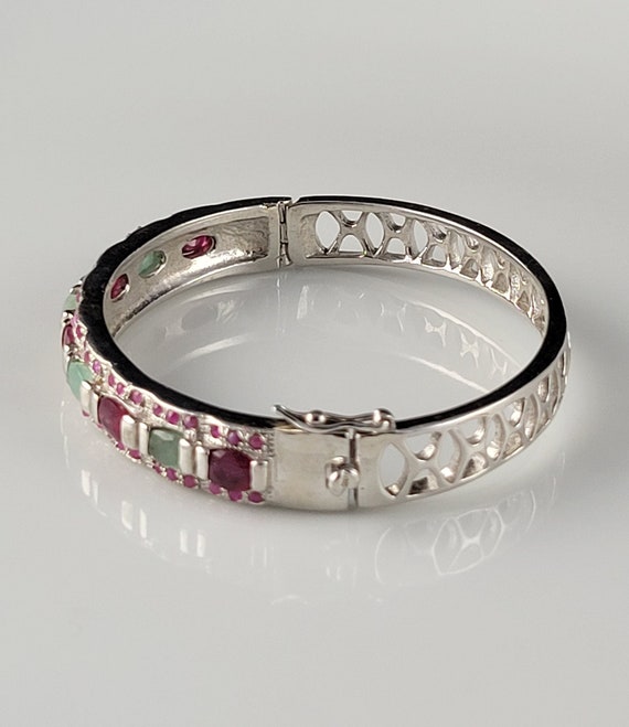 Emerald & Ruby Encrusted Sterling Hinged Bracelet - image 3