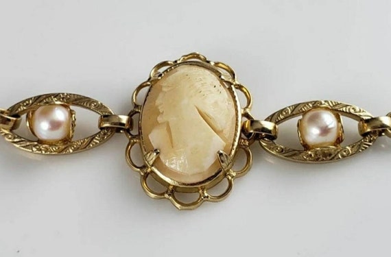 Victorian 12KT Gold Genuine Shell Cameo & Pearl B… - image 3