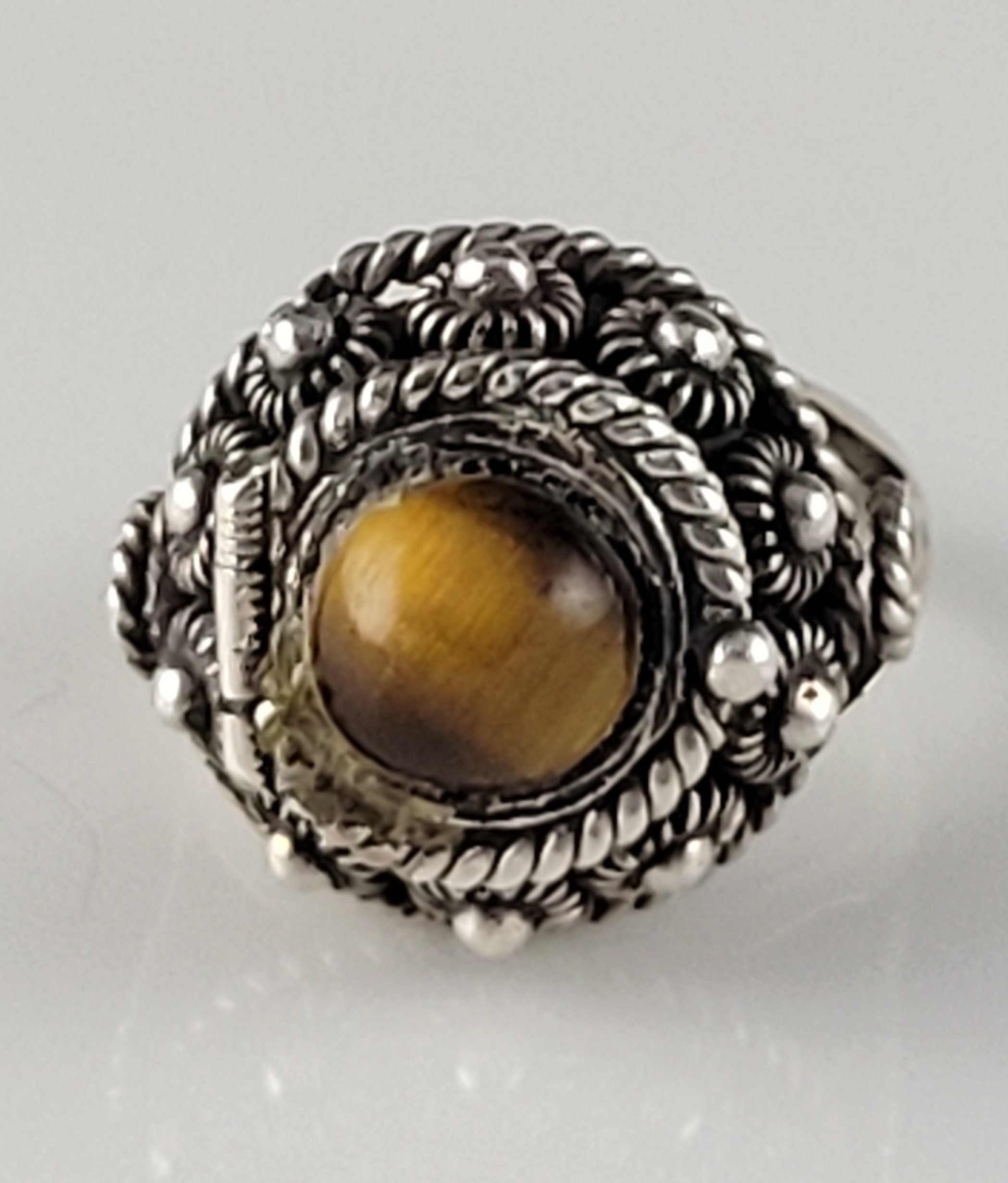 1940s Taxco Tiger's Eye Cannetille Sterling Poison Ring