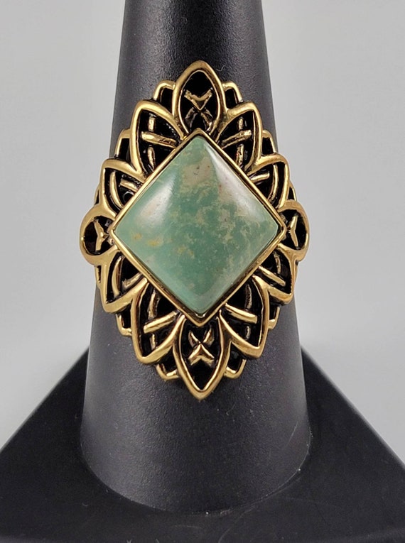 Vintage Barse Green Turquoise Bronze Filigree Ring