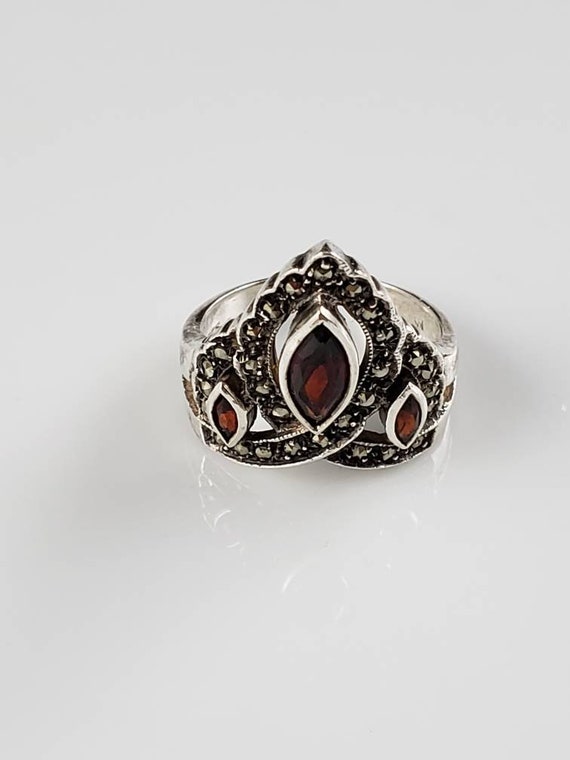 1930s Art Deco Garnet & Marcasite Shield Ring