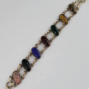 Stunning Van Dell Handcarved & Signed Gemstone 12KT Gold-Filled Scarab Bracelet-1950s