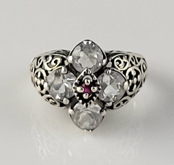 Vintage Aquamarine & Ruby Sterling Filigree Ring